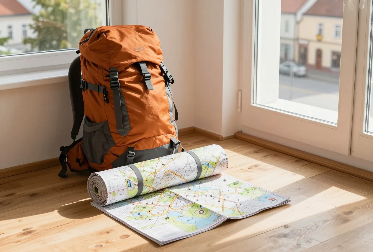 Ein gepackter Wanderrucksack, ein Schlafsack und eine gefaltete Landkarte auf einem Holzboden am offenen Fenster