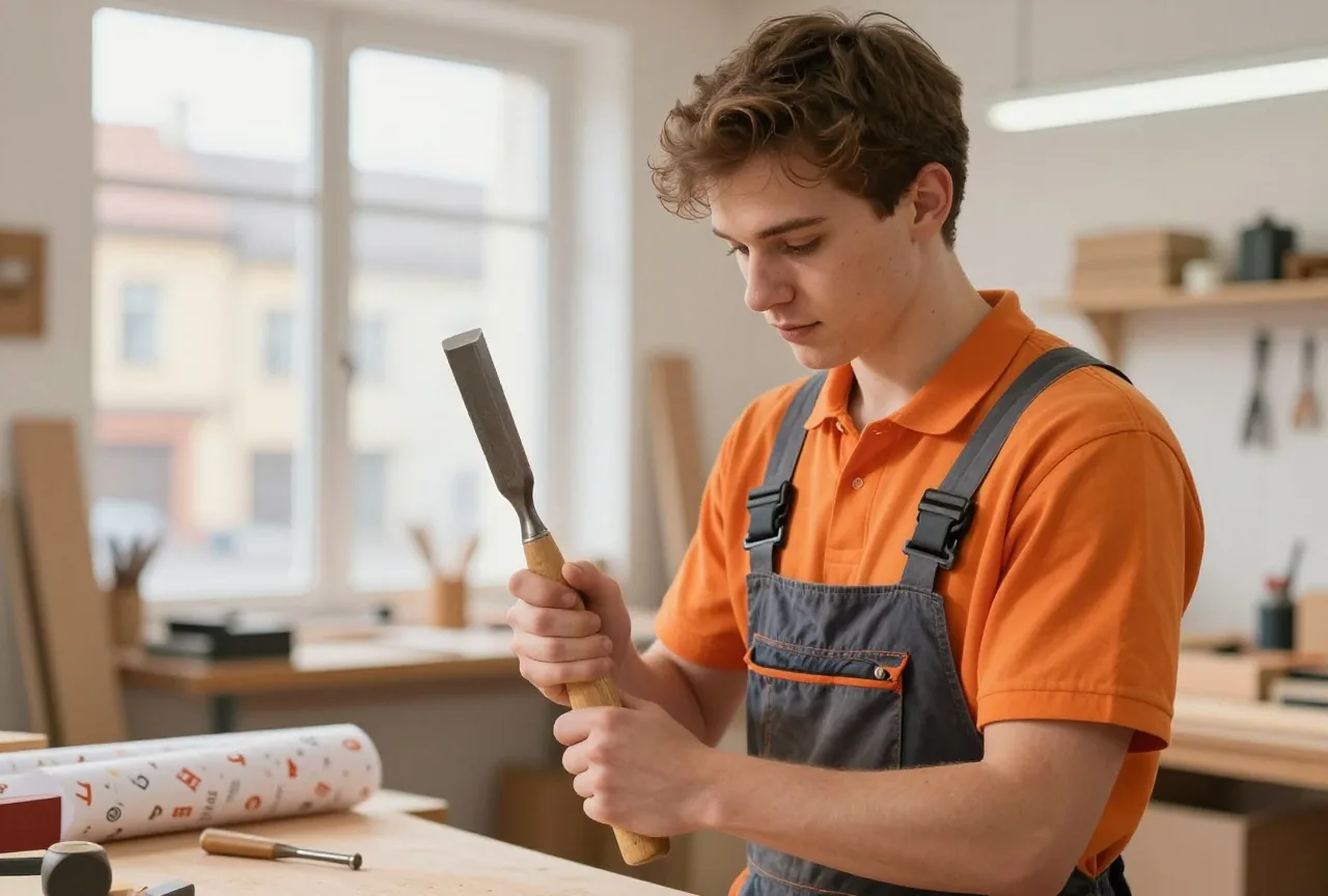 Ein junger Handwerker in Arbeitskleidung hält in einer hellen Tischlerwerkstatt ein neues Stemmeisen