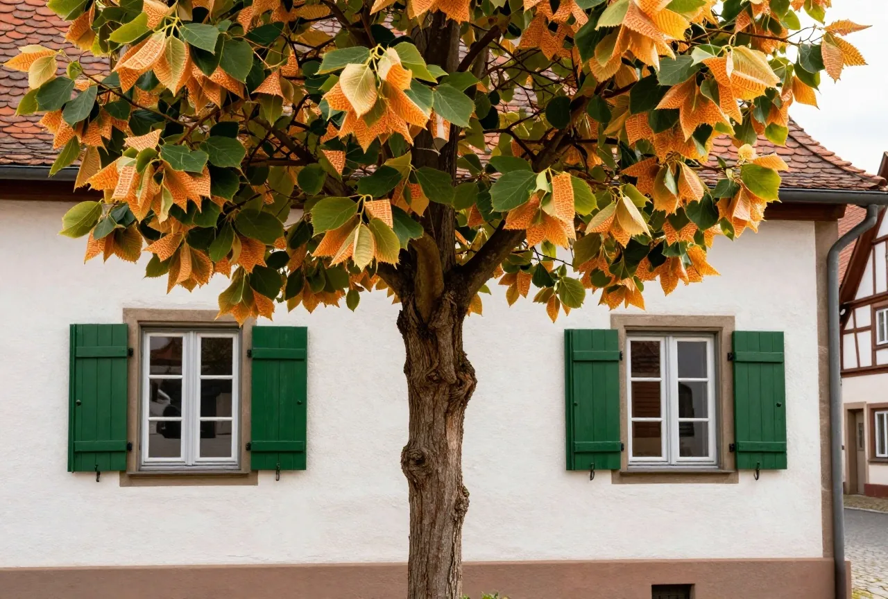Ein altes Dorfschulhaus mit weißen Wänden und grünen Fensterläden, davor eine Linde am Sommermorgen