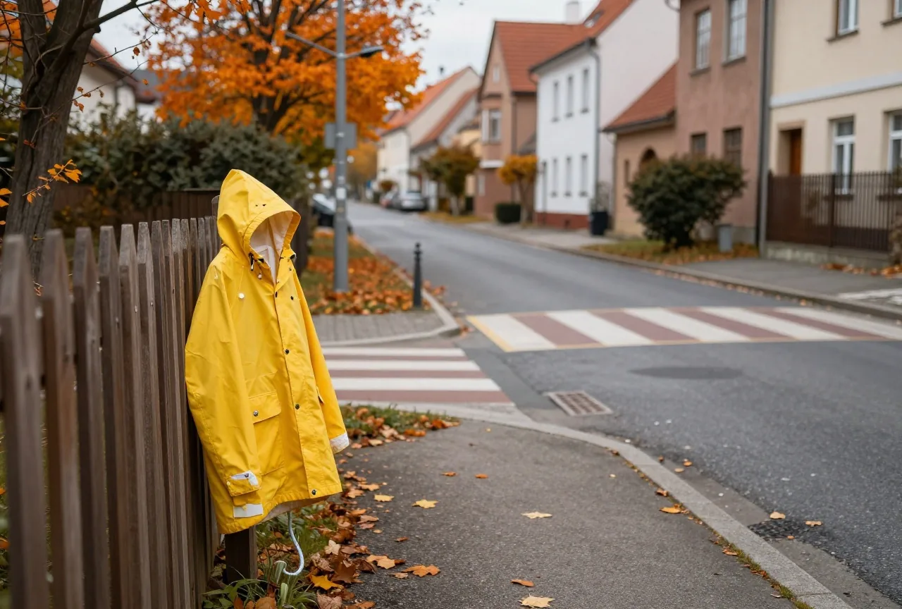 Eine ruhige Wohnstraße mit Zebrastreifen im Herbstmorgen, an einem Gartenzaun hängt eine gelbe Regenjacke