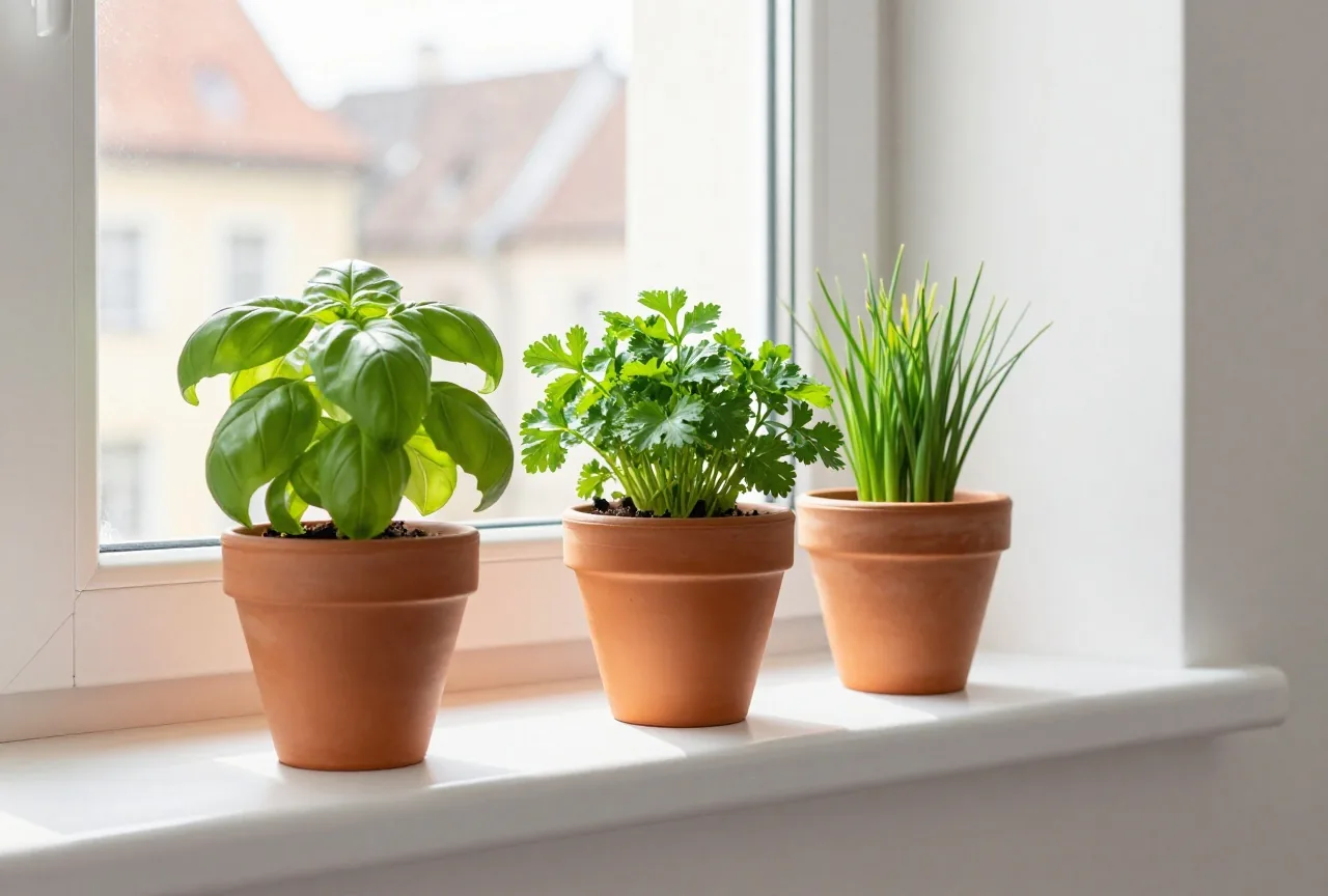 Kleine Tontöpfe mit Basilikum, Petersilie und Schnittlauch auf einer sonnigen Fensterbank in der Küche