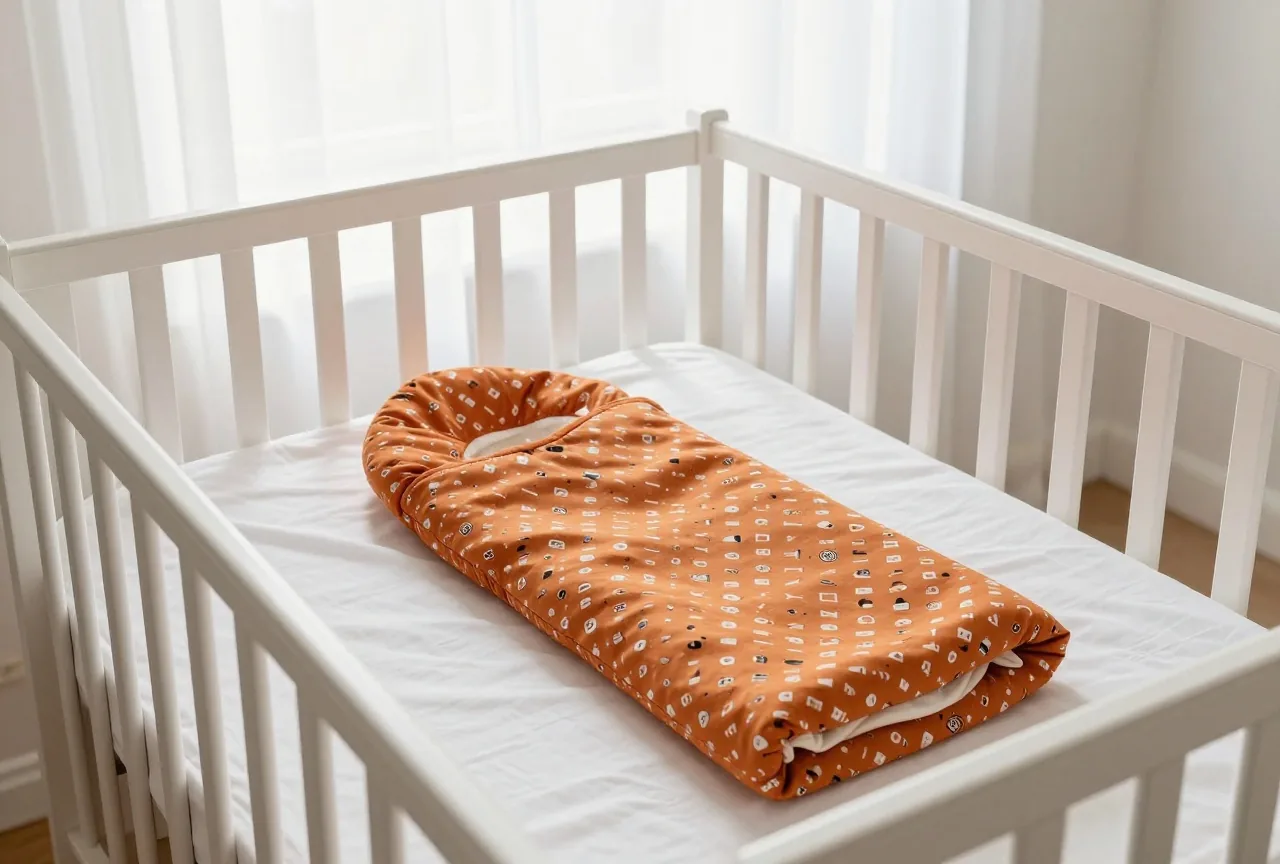 Ein leeres weißes Gitterbett mit glattem Laken und einem zusammengelegten Schlafsack in einem hellen Zimmer
