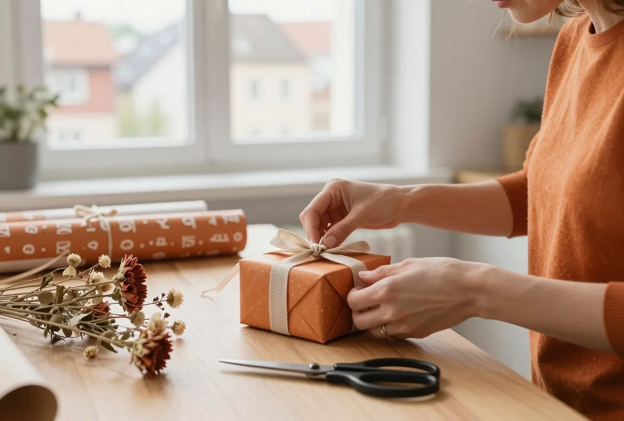 Eine Frau bindet am Küchentisch ein Leinenband um eine kleine Geschenkschachtel, daneben Schere und Trockenblumen