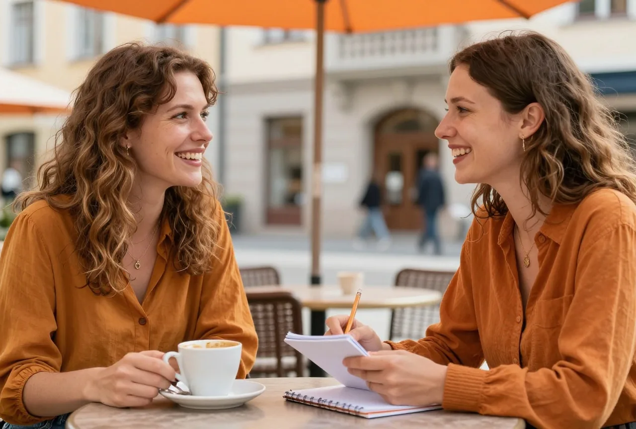 Zwei Frauen sitzen an einem Cafétisch im Freien, unterhalten sich und machen sich Notizen