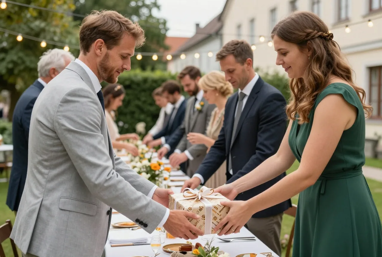 Ein Mann im Anzug und eine Frau im grünen Kleid stellen ein Geschenk auf einen Tisch im Garten