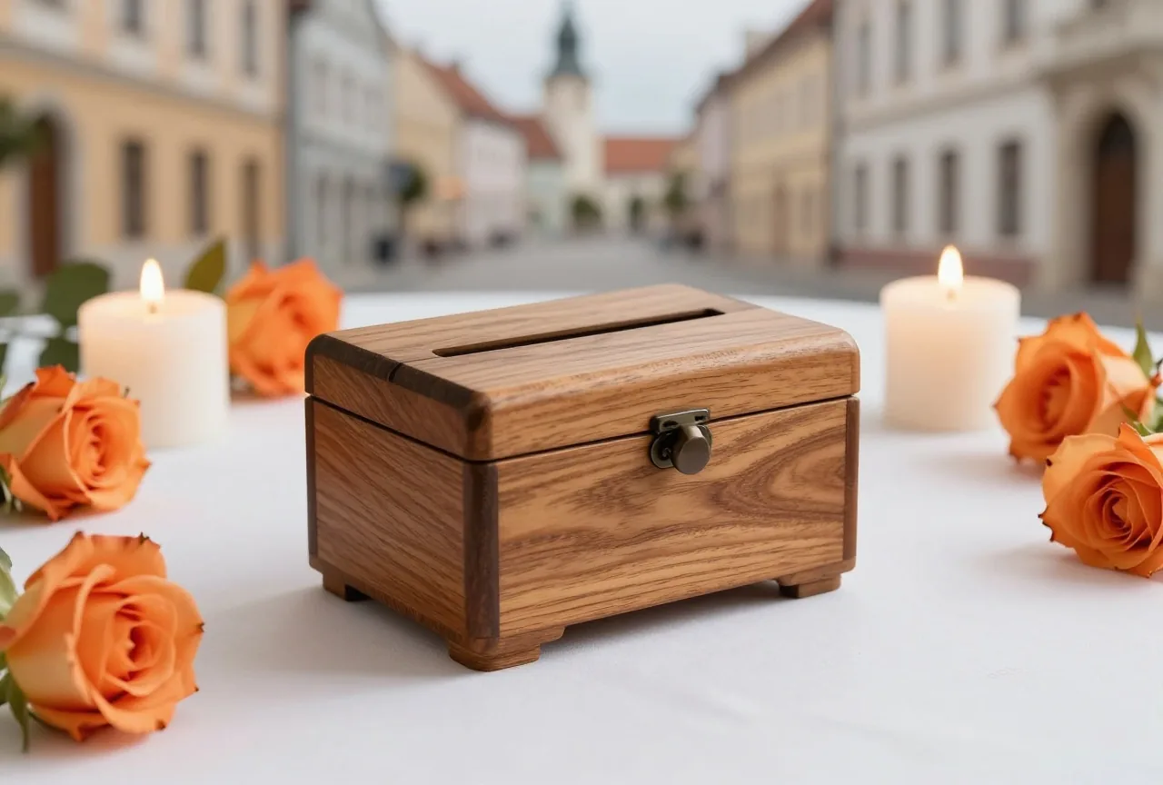 Eine kleine Holztruhe mit Schlitz im Deckel steht zwischen Rosen und Kerzen auf einem weißen Tischtuch