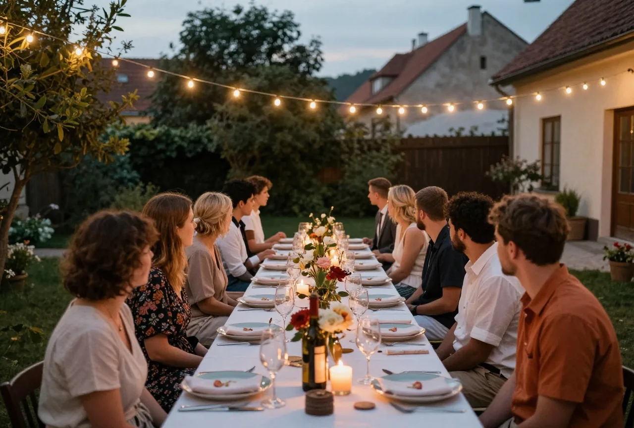 Hochzeitsgäste an einer langen Tafel im Garten in der Dämmerung unter einer Lichterkette