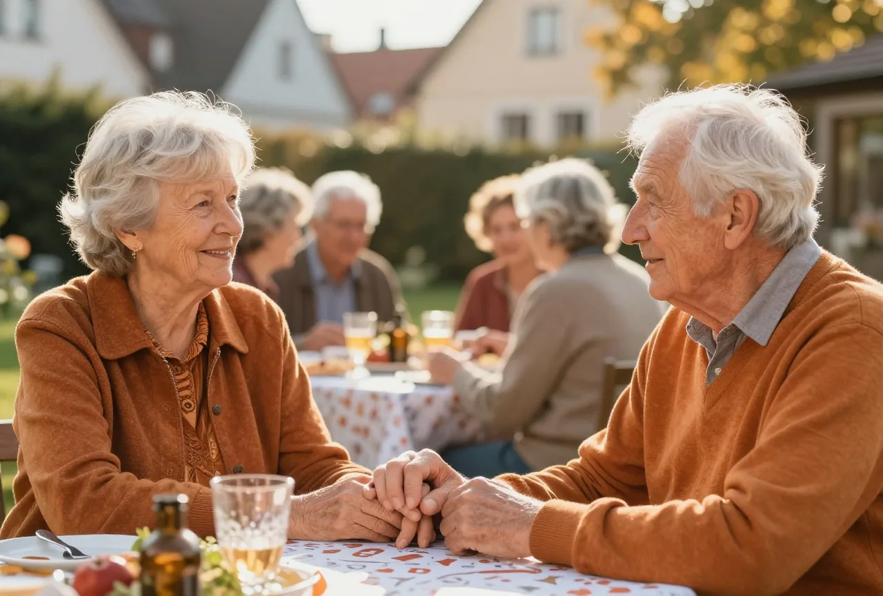 Ein älteres Ehepaar sitzt Hand in Hand an einer Festtafel im Garten, im Hintergrund die Familie