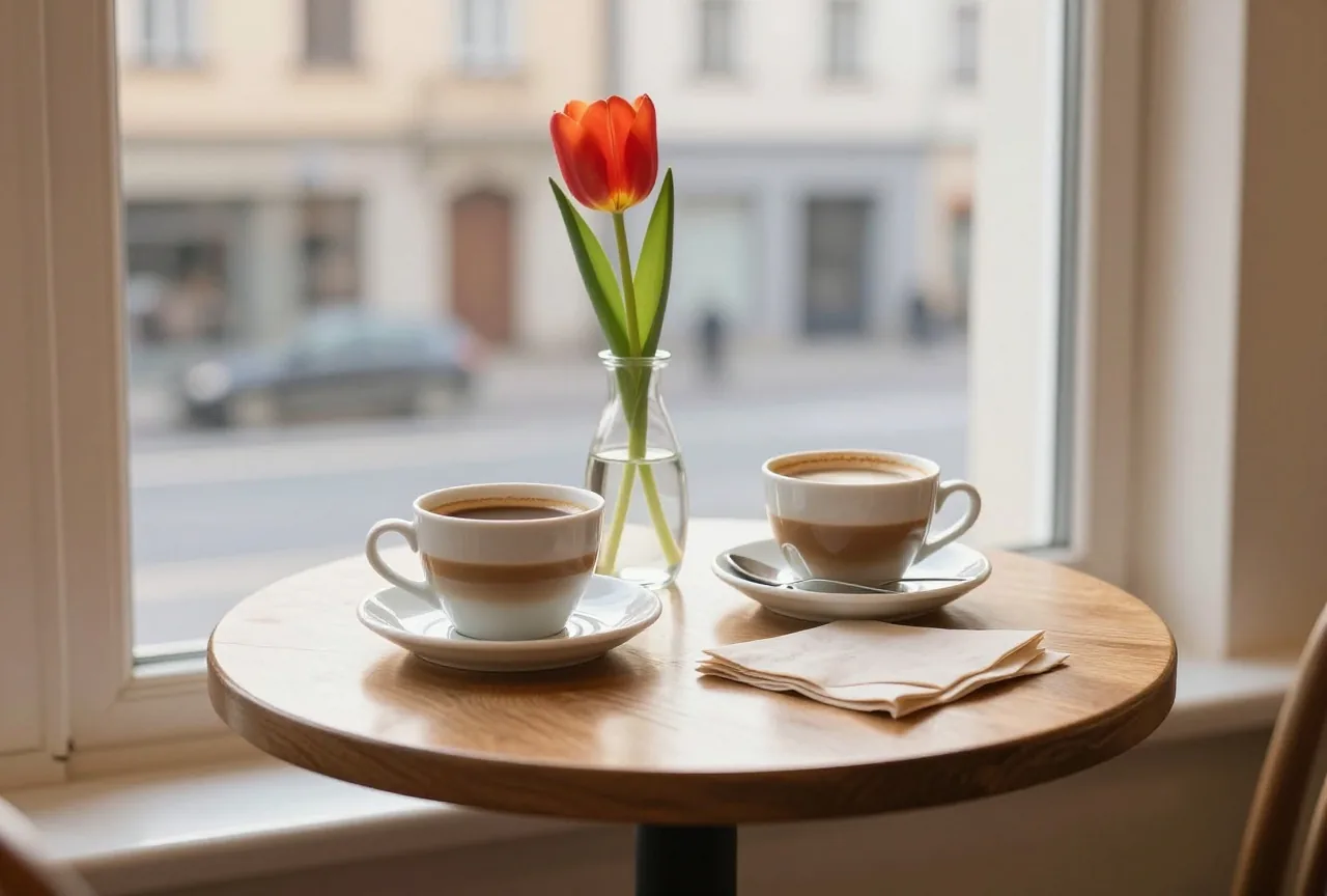 Ein kleiner Cafétisch am Fenster mit zwei Tassen Kaffee und einer roten Tulpe in einer Glasvase