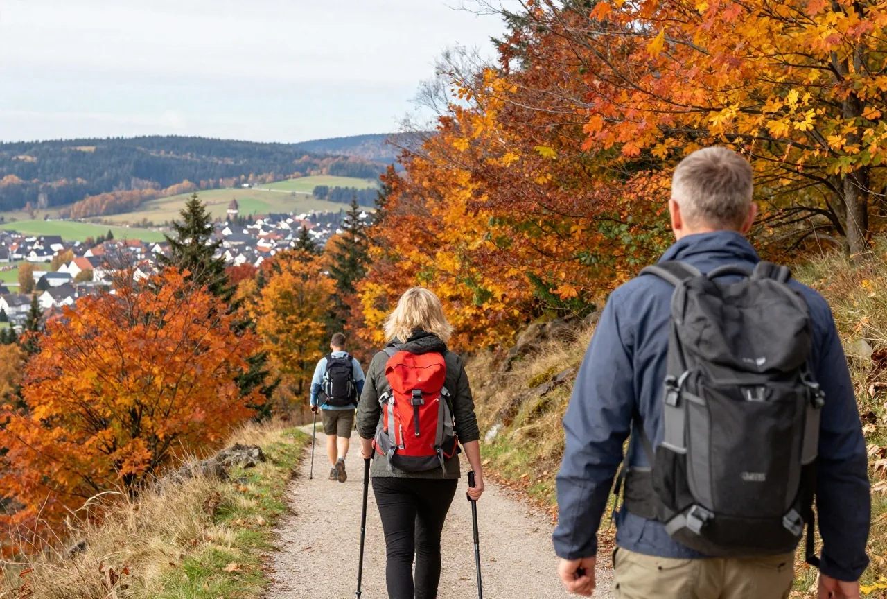 Ein Mann und eine Frau wandern im Herbst auf einem Bergpfad, im Hintergrund buntes Laub und ein Tal