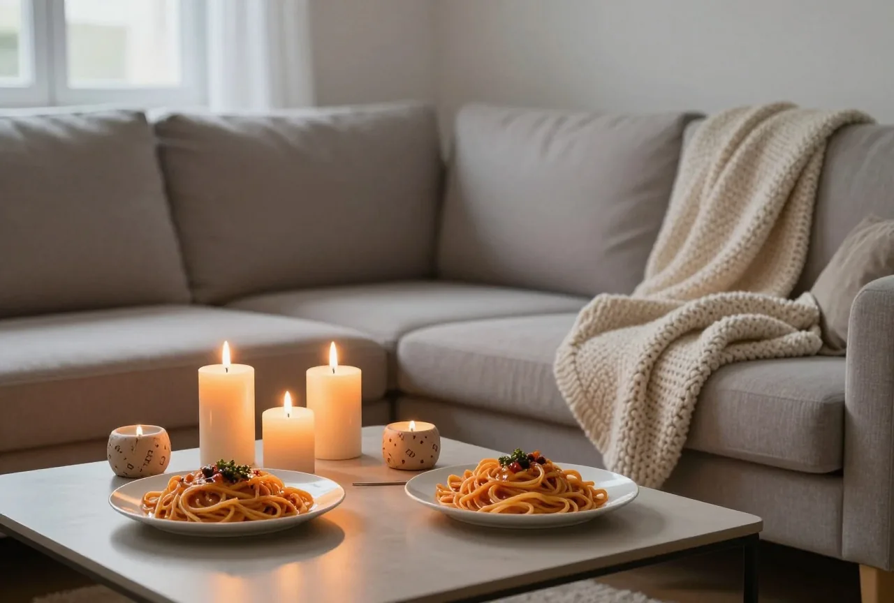 Ein gemütliches Wohnzimmer am Abend mit Kerzen, zwei Tellern selbst gemachter Nudeln und einer Strickdecke