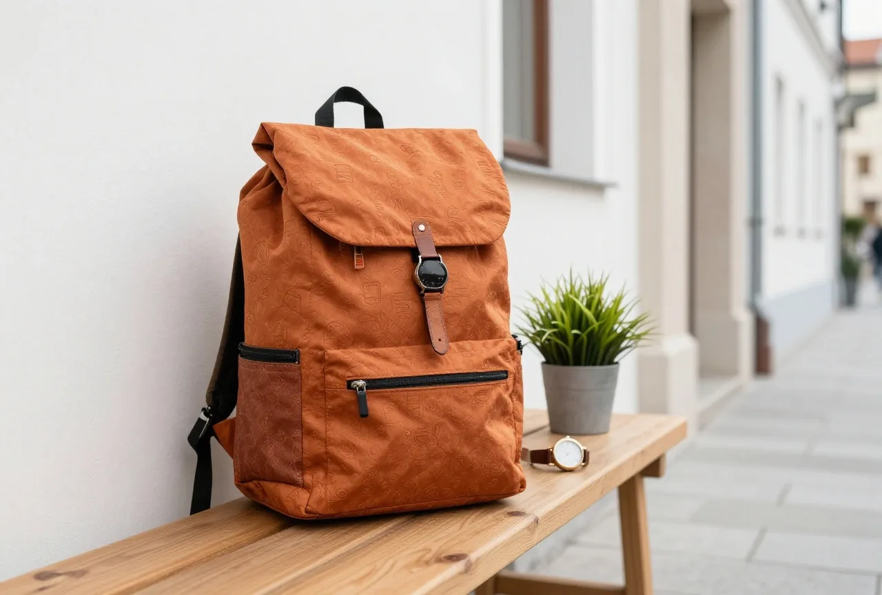 Ein neuer Reiserucksack, eine Armbanduhr mit Lederarmband und eine kleine Topfpflanze auf einer Holzbank im Flur