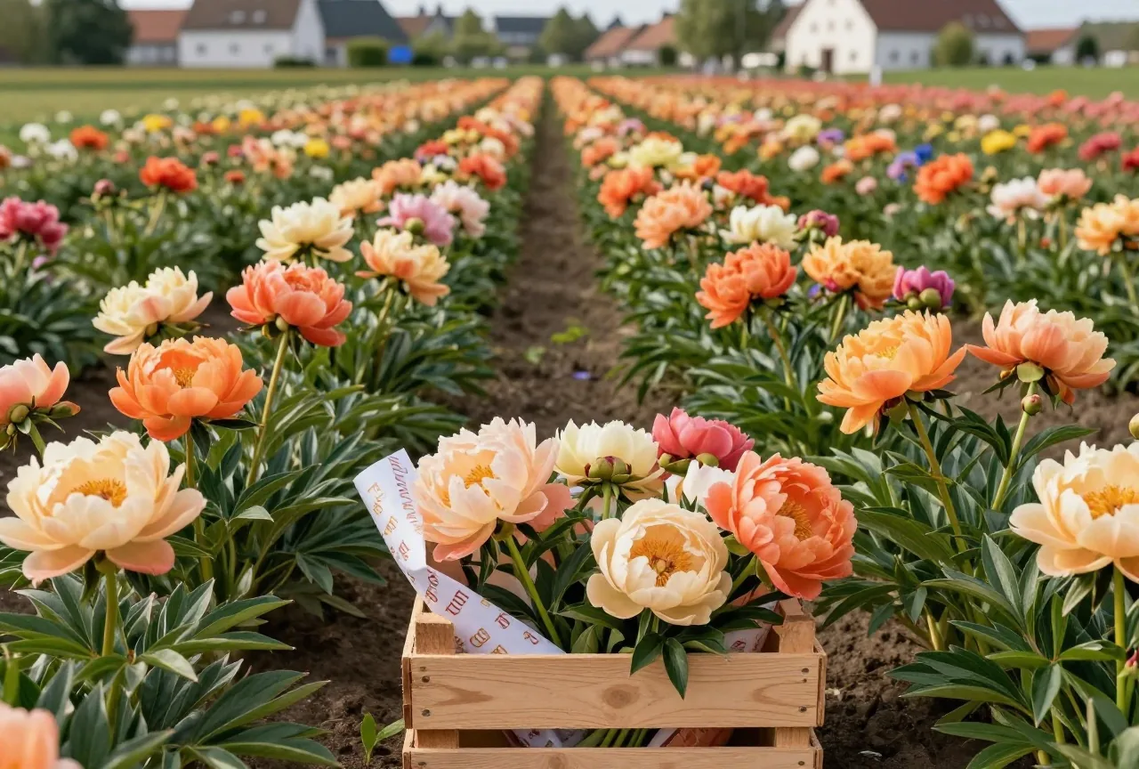 Ein kleines Blumenfeld im Spätfrühling mit Pfingstrosen und Kornblumen, vorne eine Holzkiste mit frisch geschnittenen Stielen