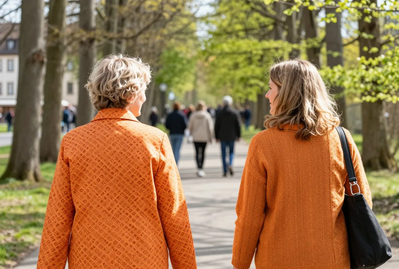 Zwei Frauen unterschiedlichen Alters gehen von hinten gesehen auf einem Waldweg im Frühlingslicht