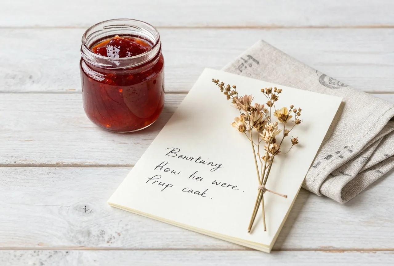 Ein gefalteter Brief mit getrockneten Blüten neben einem Glas Erdbeermarmelade und einer Leinenserviette auf einem Holztisch