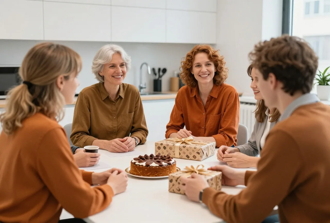 Kollegen unterschiedlichen Alters stehen in einer hellen Büroküche um einen Tisch mit Kuchen und einem Päckchen