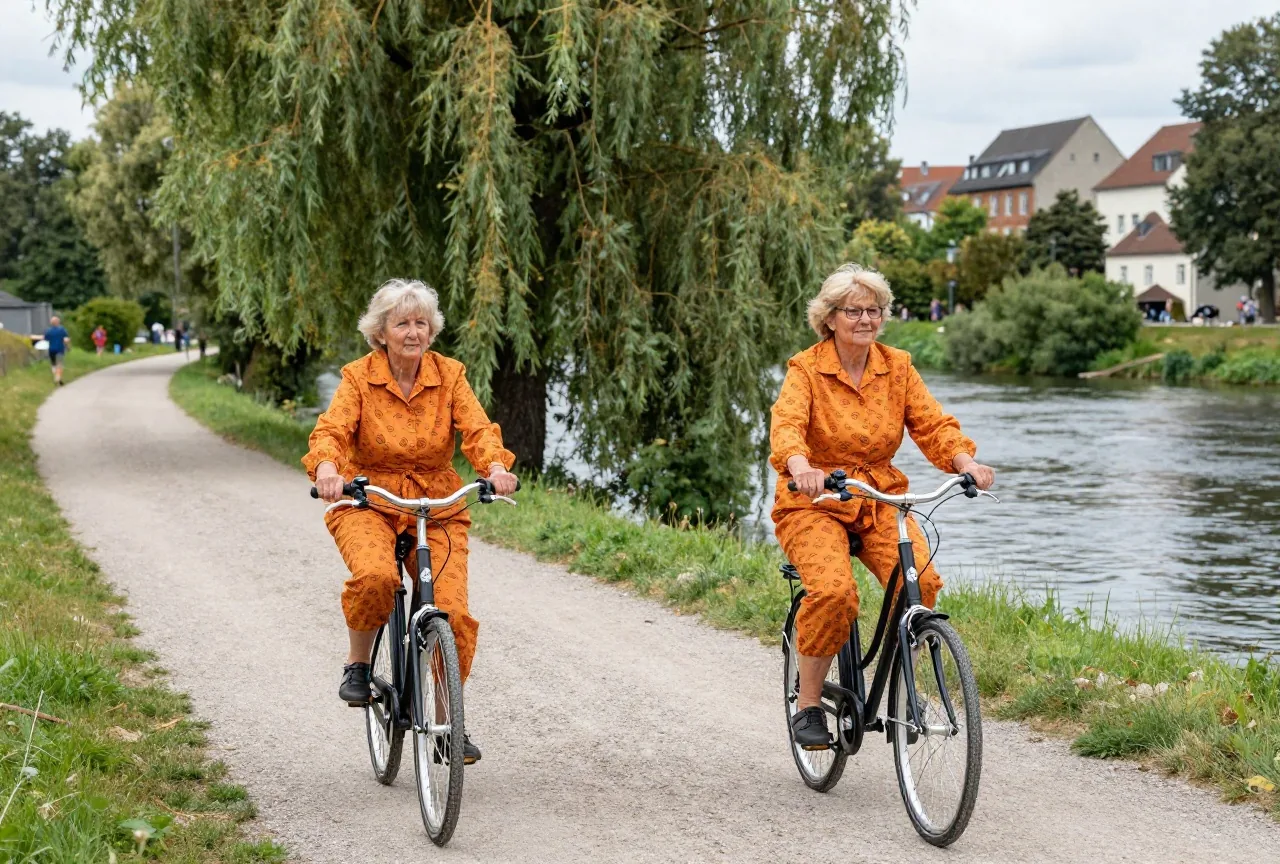 Zwei Frauen in den Sechzigern fahren im Sommer mit dem Fahrrad auf einem Kiesweg an einem Fluss