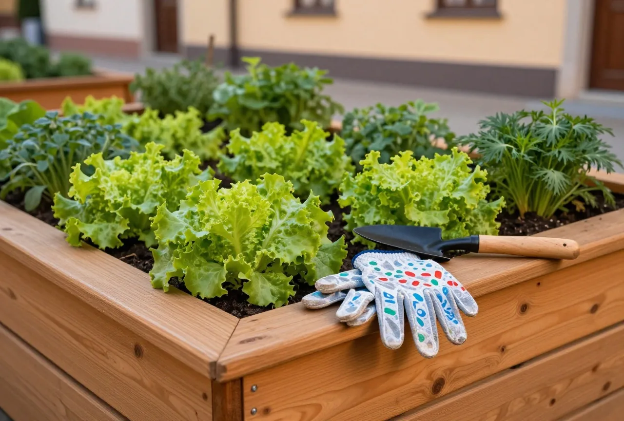 Ein Hochbeet aus Holzbrettern mit jungem Salat und Kräutern, auf dem Rand liegen Gartenhandschuhe und eine Schaufel