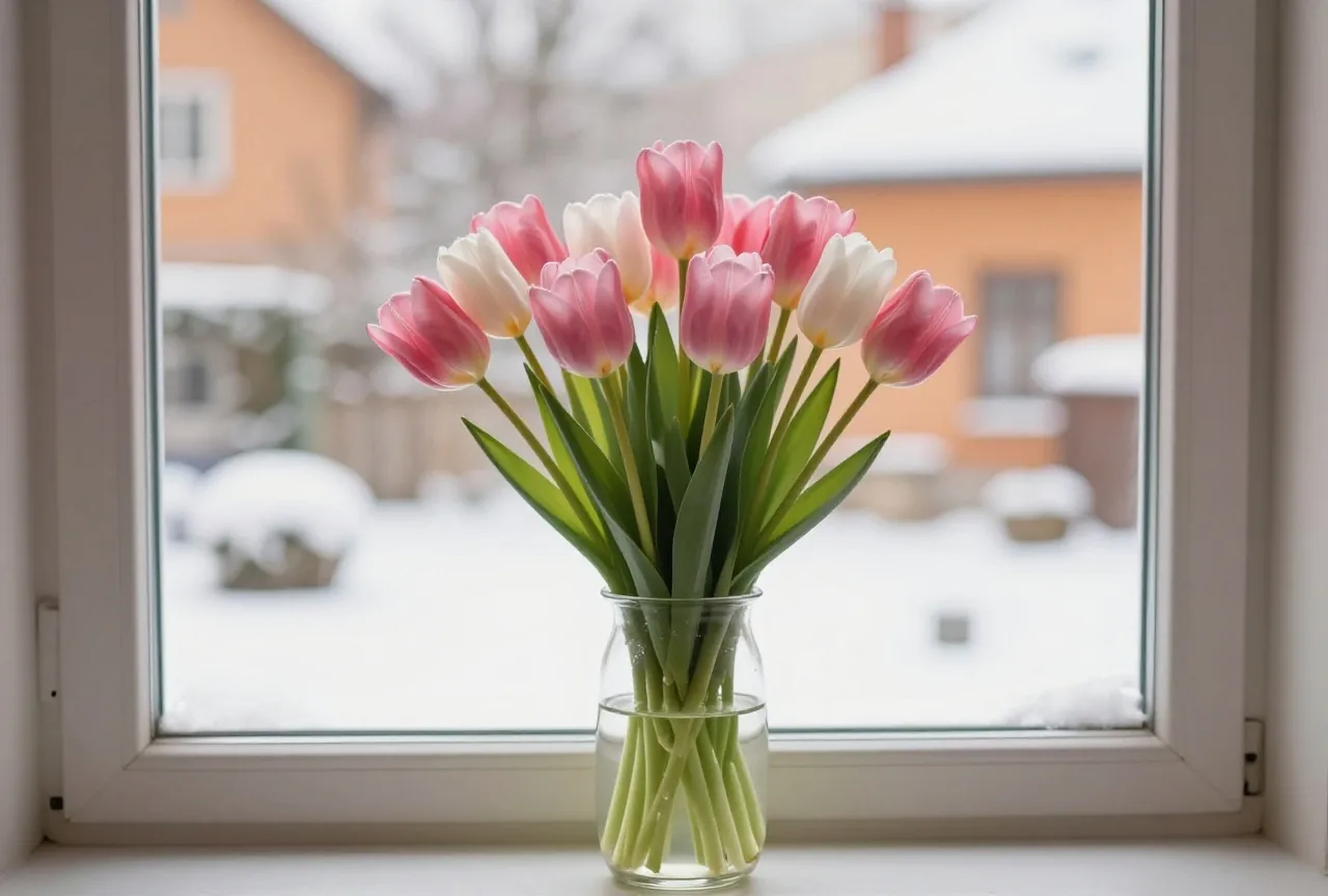 Ein Strauß rosa und weißer Tulpen in einer Glasvase auf der Fensterbank, draußen ein verschneiter Garten