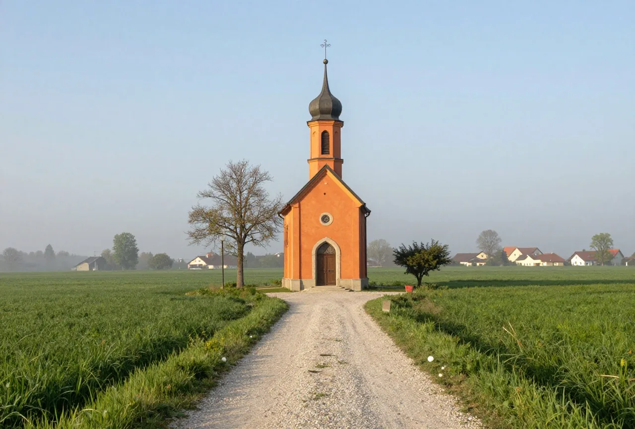 Eine kleine Kapelle am Rand grüner Felder im Spätfrühling, ein Kiesweg führt im Morgendunst darauf zu