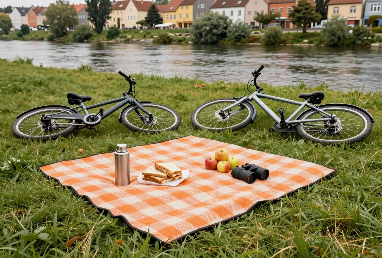 Eine Picknickdecke an einem Fluss mit Thermoskanne, Broten, Äpfeln und Fernglas, daneben zwei Fahrräder im Gras