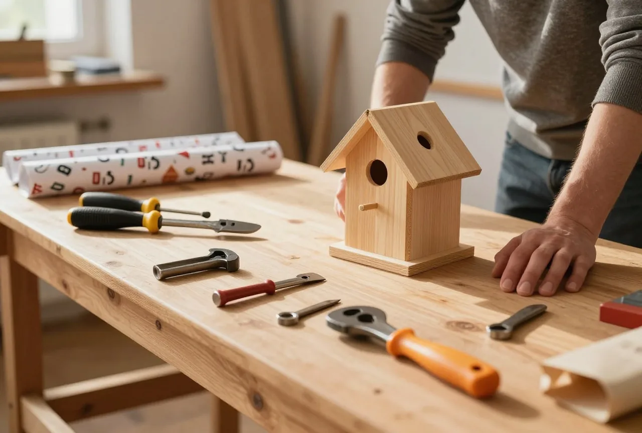 Eine aufgeräumte Werkbank mit einigen Handwerkzeugen und einem halb fertigen Vogelhaus im warmen Nachmittagslicht