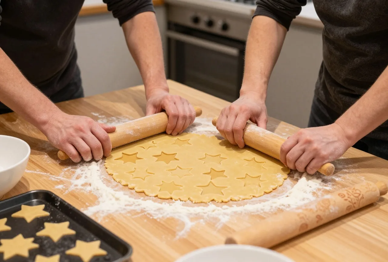 Zwei Erwachsene stechen am bemehlten Holztisch Sterne aus Plätzchenteig aus, ringsum Backbleche und Schüsseln