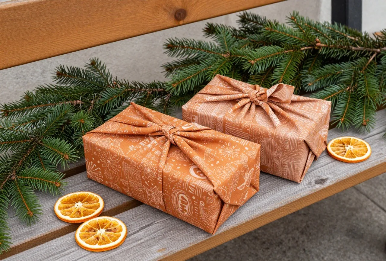 Geschenke in gemusterte Baumwolltücher eingeschlagen und oben verknotet, daneben Tannenzweige und getrocknete Orangenscheiben
