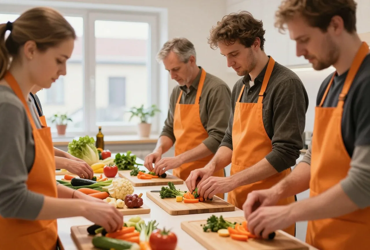 Vier Erwachsene in Schürzen schneiden in einem Kochkurs gemeinsam Gemüse an einer langen Arbeitsfläche