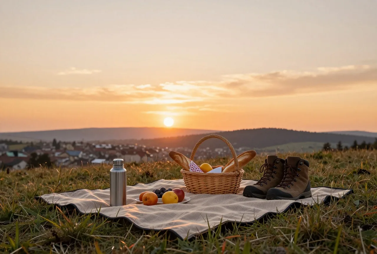 Eine Picknickdecke auf einer Wiese am Hügel bei Sonnenuntergang mit Thermoskanne, Brotkorb und Wanderschuhen