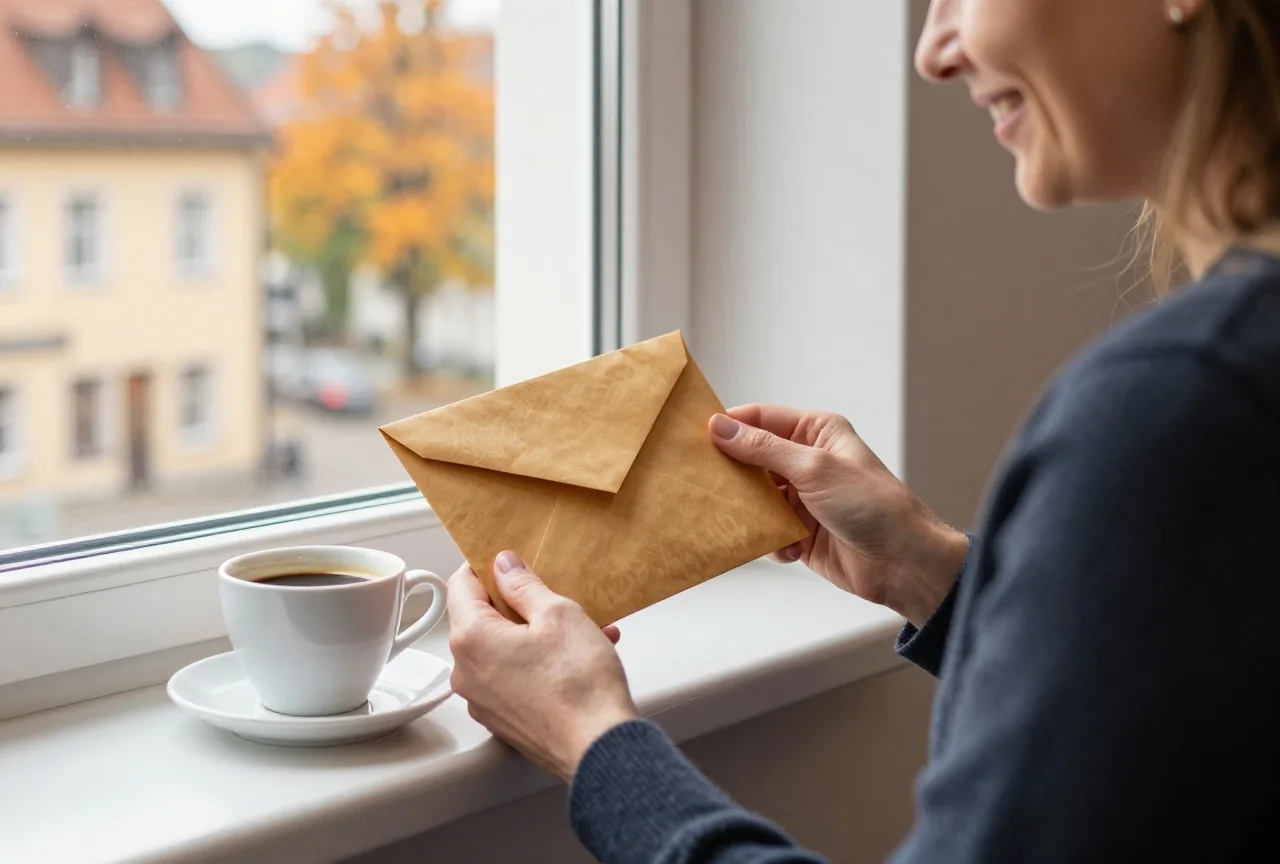 Eine Frau um die fünfzig sitzt am Fenster mit einem Umschlag aus Packpapier, daneben eine Tasse Kaffee