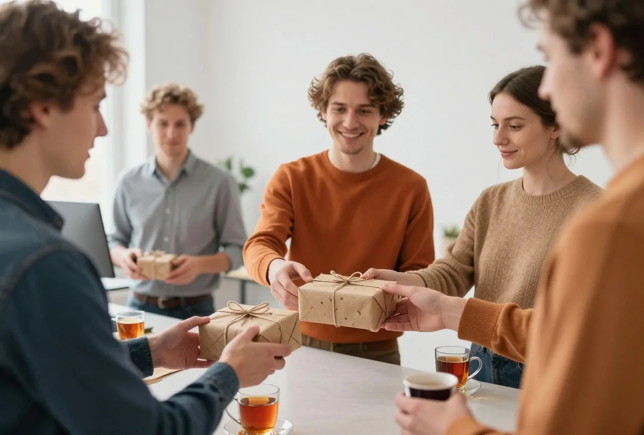 Kolleginnen und Kollegen tauschen in einer hellen Büroküche kleine, in Packpapier verpackte Geschenke aus