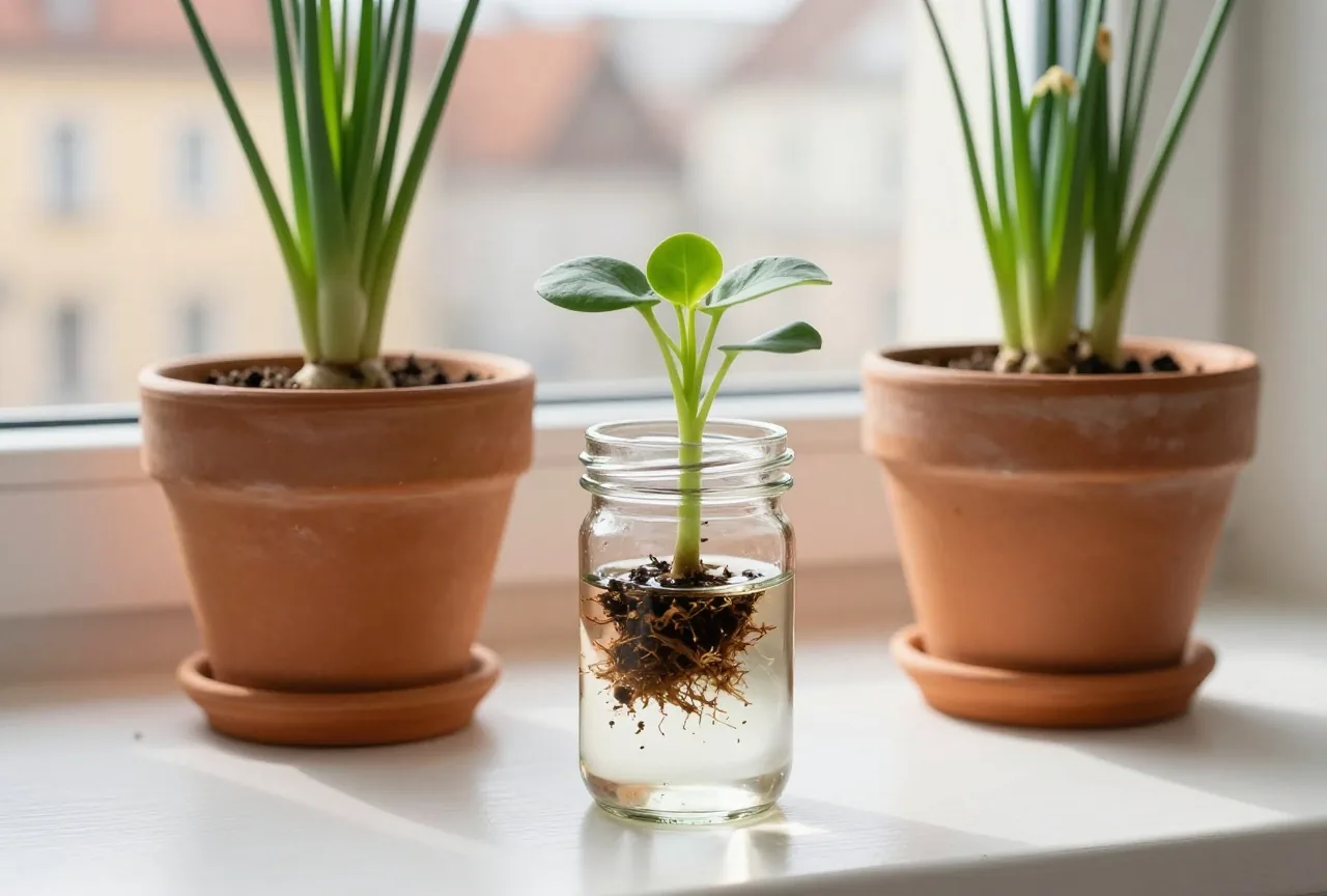 Ein Ableger einer Zimmerpflanze wurzelt in einem Glas Wasser neben einem Tontopf mit Schnittlauch auf der Fensterbank