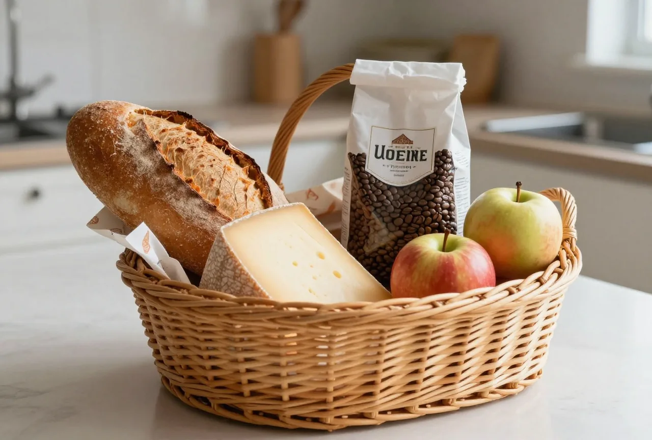 Ein Weidenkorb auf dem Küchentisch mit Brot, einem Stück Käse, Äpfeln und einer Tüte Kaffeebohnen