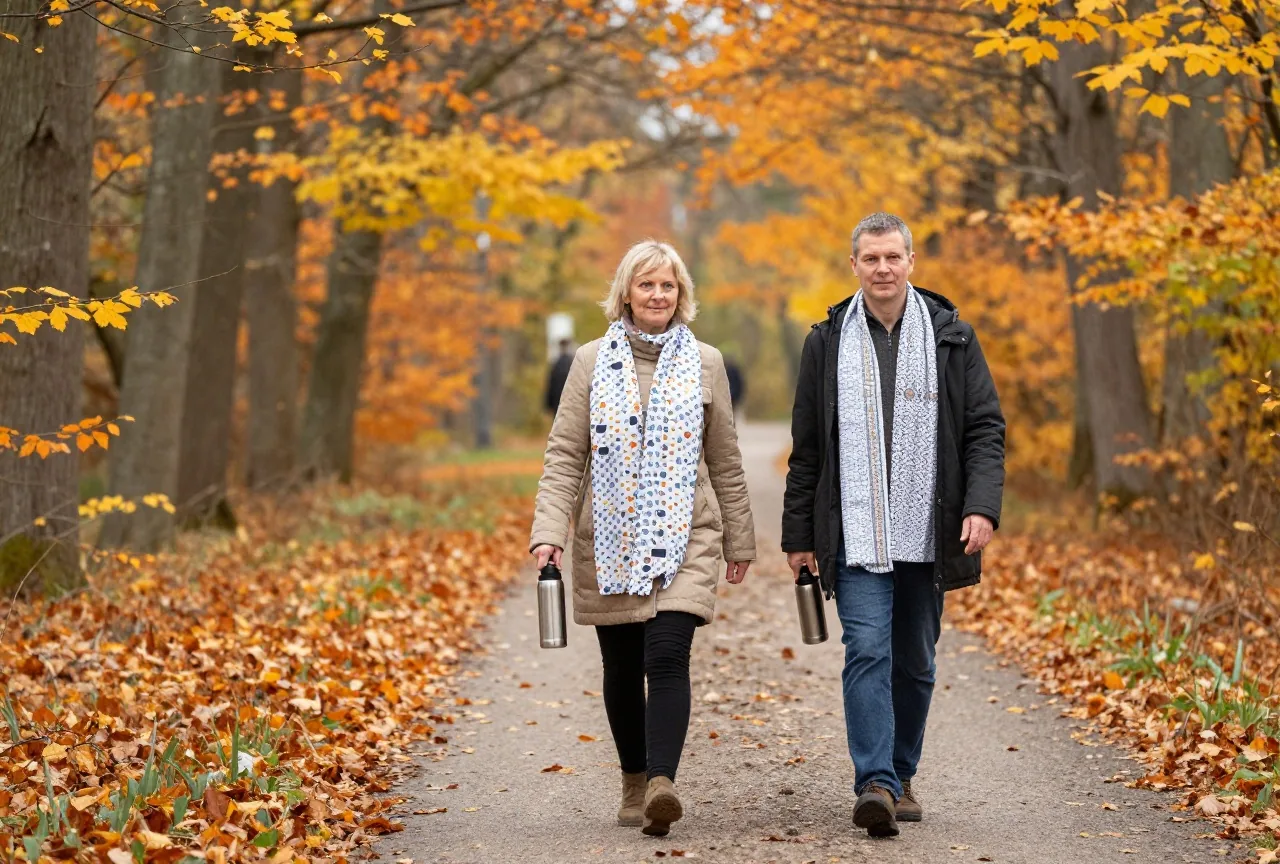 Zwei Erwachsene gehen im Herbst mit einer Thermoskanne einen Waldweg entlang, auf dem Boden liegt goldenes Laub