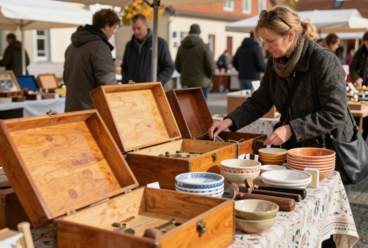 Eine Frau in den Fünfzigern stöbert an einem Flohmarktstand mit Spielschachteln aus Holz, Keramikschalen und altem Werkzeug
