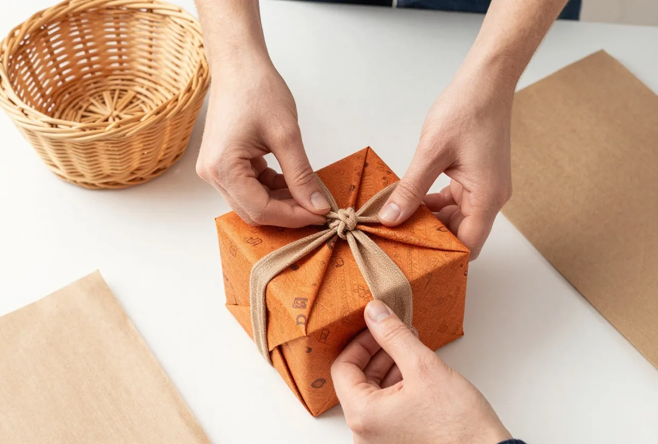 Hände schlagen eine Schachtel in ein Leinentuch ein, daneben ein kleiner Weidenkorb und wiederverwendetes Packpapier