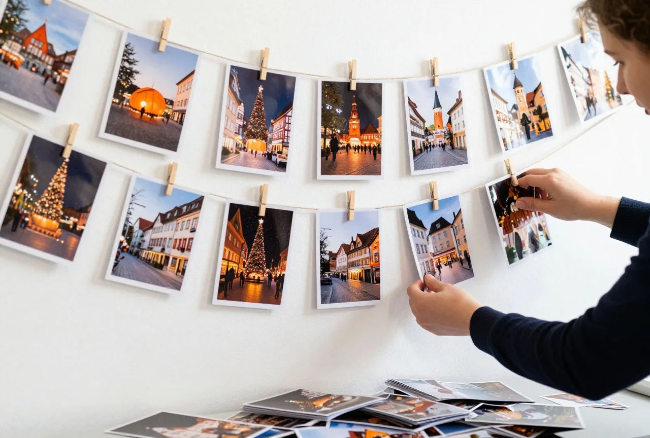 Hände hängen ausgedruckte Urlaubsfotos mit kleinen Holzklammern an eine Schnur vor einer hellen Wand