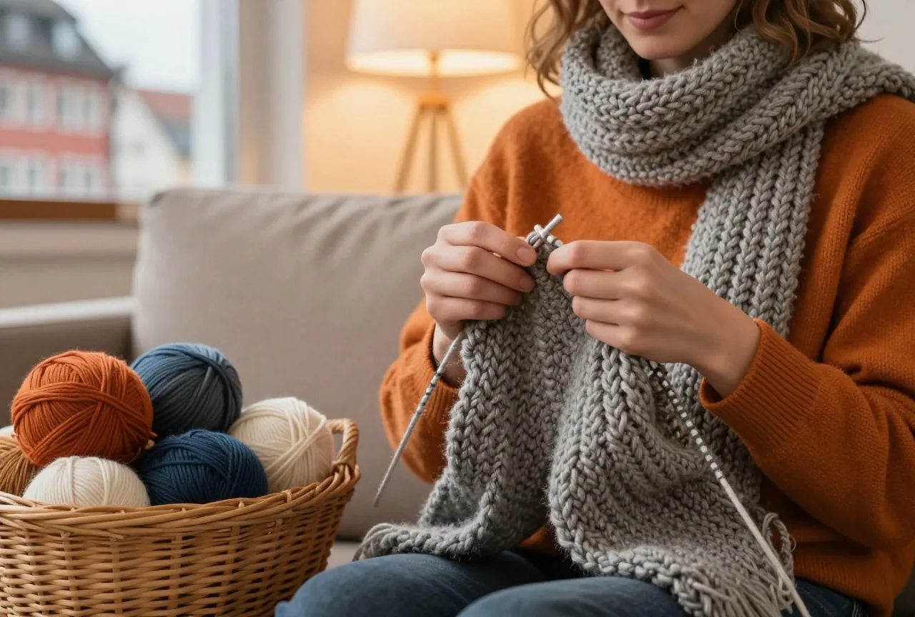 Hände stricken am Abend auf dem Sofa einen grauen Wollschal, daneben ein Korb mit Wollknäueln