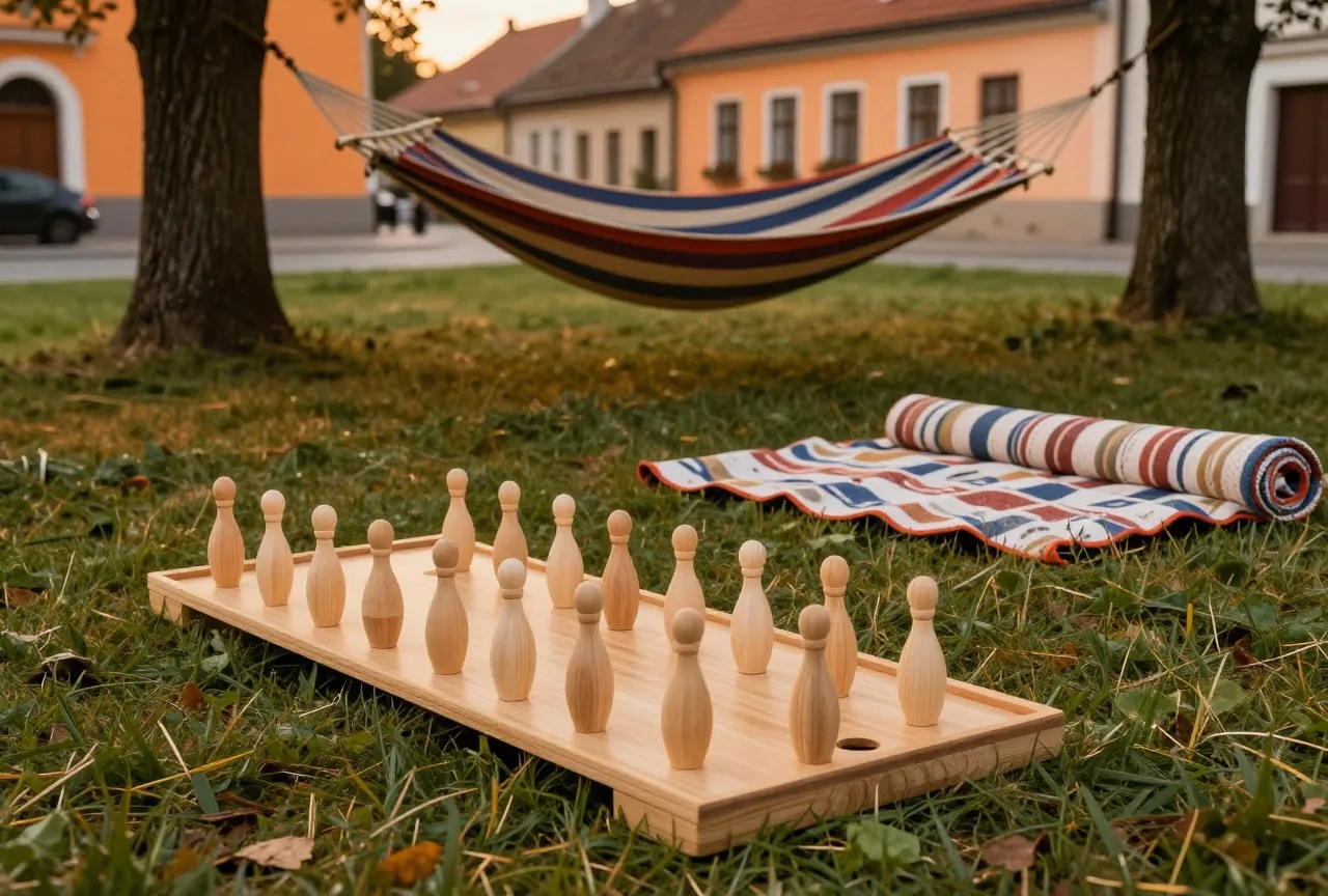 Rasen mit aufgestelltem Holzkegelspiel, Hängematte zwischen zwei Bäumen und zusammengerollter Decke im Abendlicht