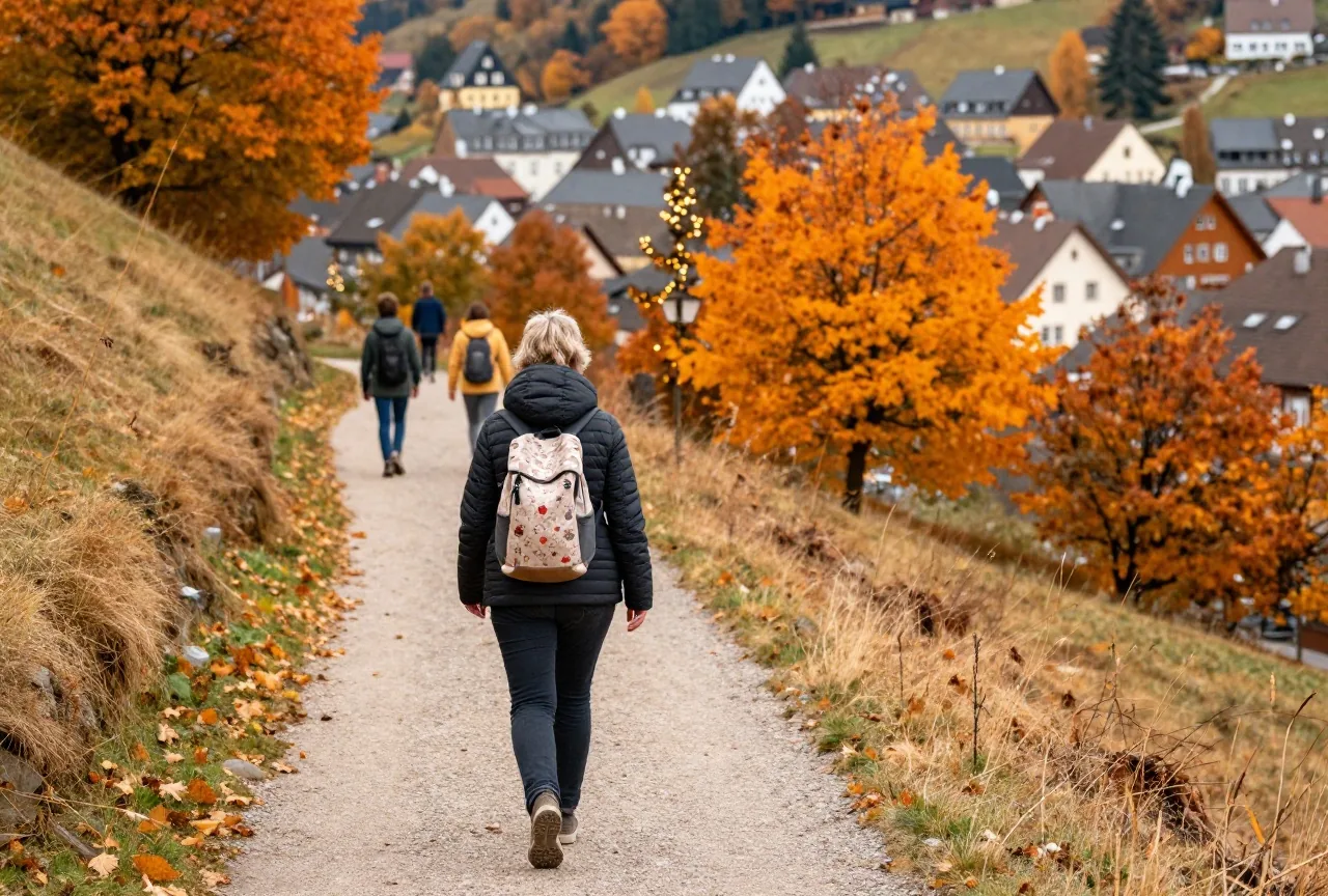 Eine Frau in den Vierzigern wandert mit kleinem Rucksack auf einem Pfad durch herbstliche Hügel