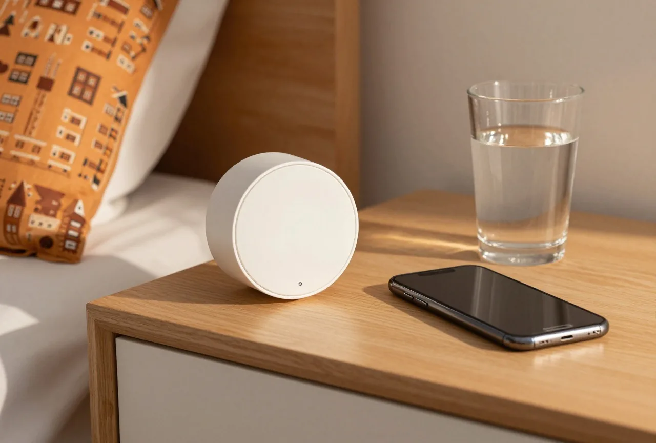 Nachttisch mit einfachem Wecker, umgedreht liegendem Smartphone und einem Glas Wasser im Morgenlicht