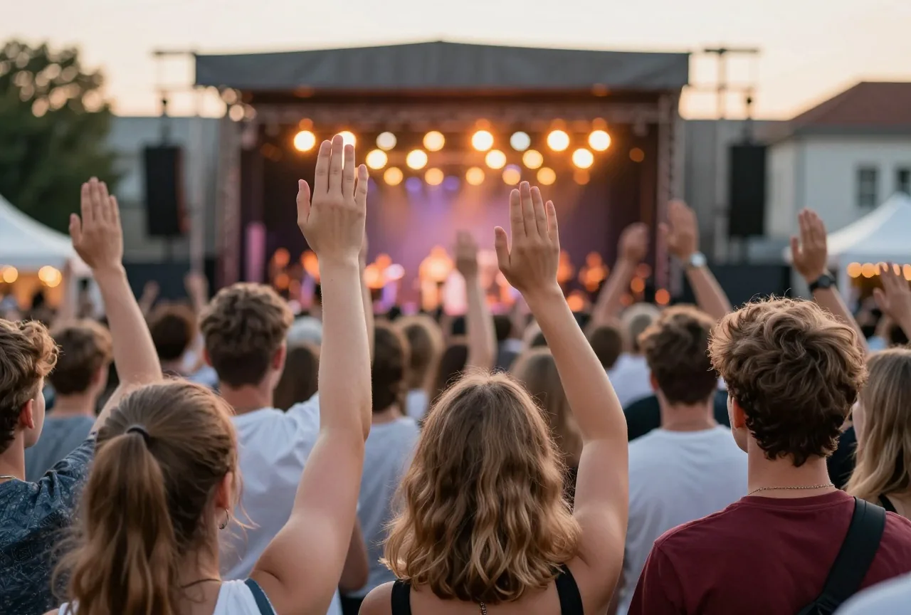 Junge Erwachsene von hinten bei einem Sommerkonzert im Freien in der Dämmerung, Bühnenlicht verschwommen