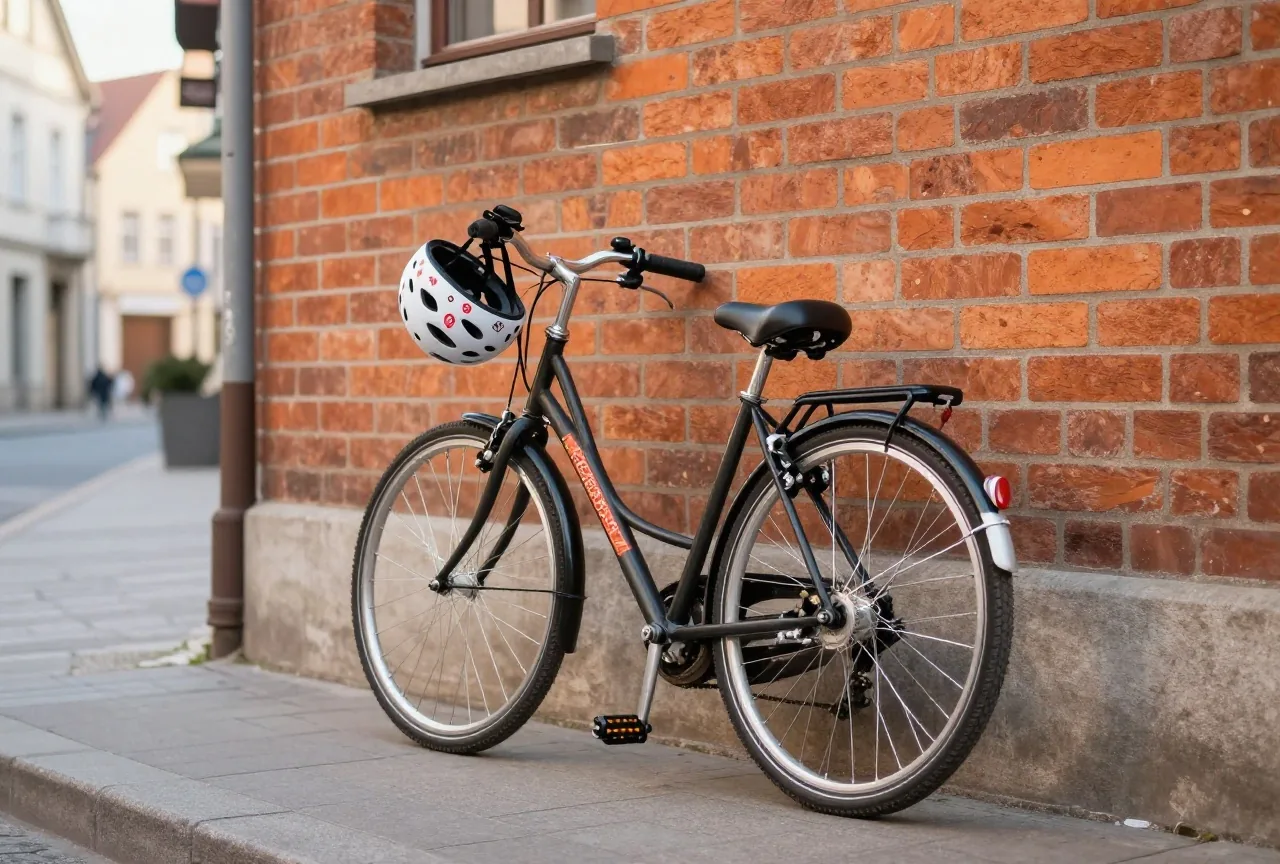 Stadtfahrrad mit Schloss lehnt an einer Backsteinmauer, am Lenker hängt ein Helm, weiches Morgenlicht