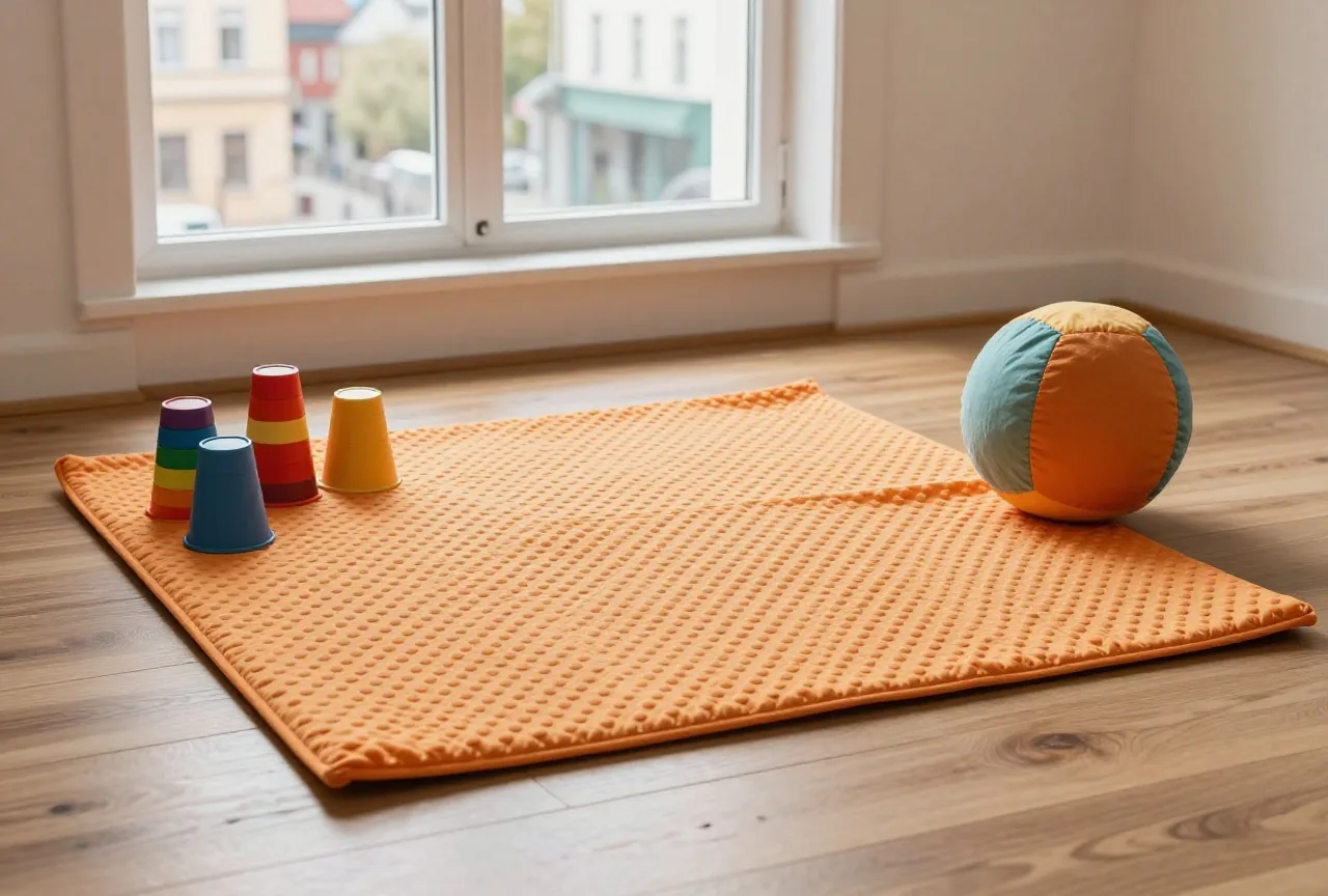 Eine weiche Spielmatte auf Holzboden mit bunten Stapelbechern, einem Stoffball und einem Tuch zum Fühlen