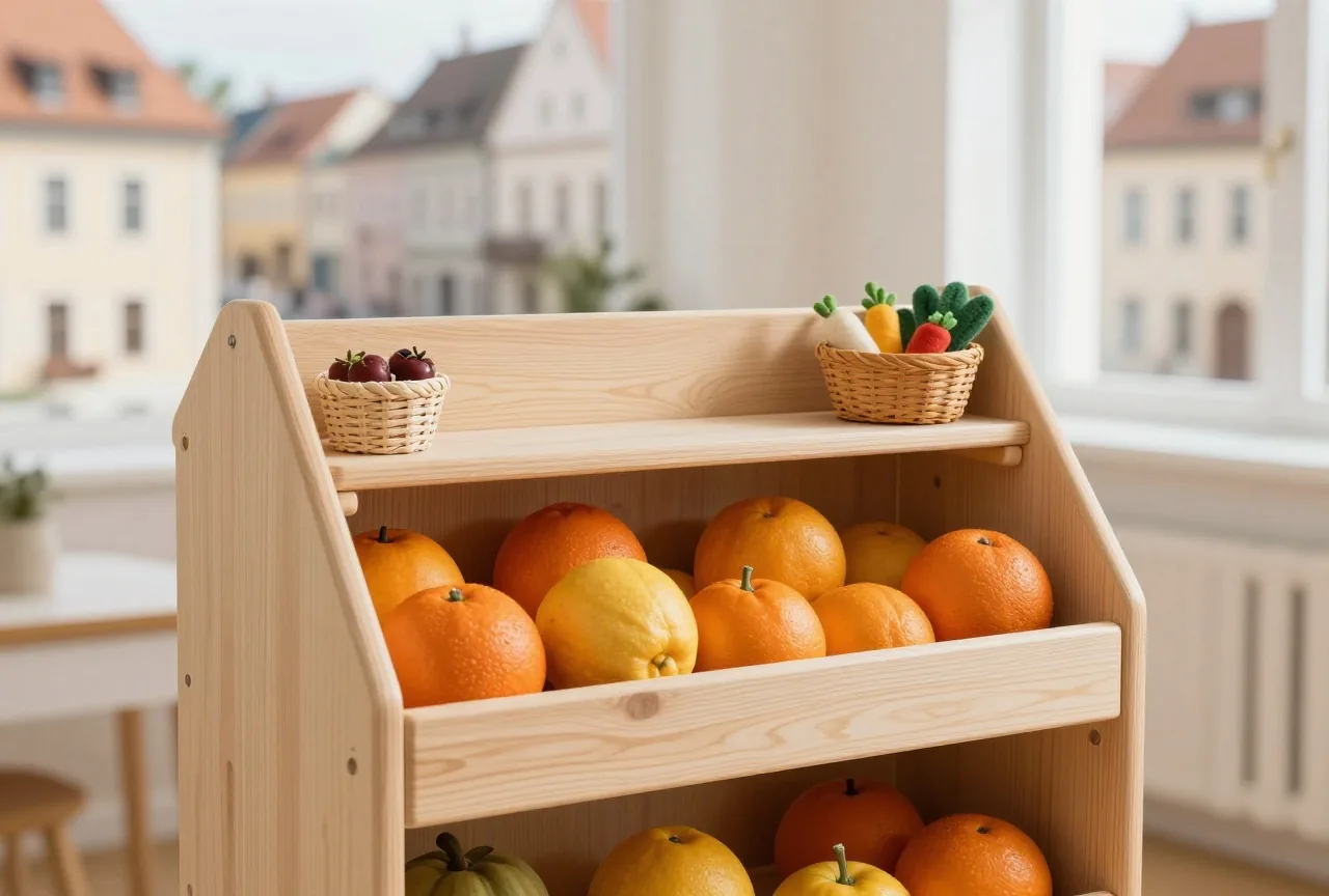 Ein kleiner Kaufladen aus Holz mit Holzobst, einem Körbchen und Gemüse aus Filz in einem sonnigen Zimmer