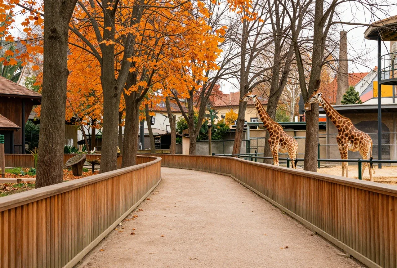 Ein ruhiger Zooweg im Frühherbst mit Holzzaun, hohen Bäumen und einem Giraffengehege im Hintergrund