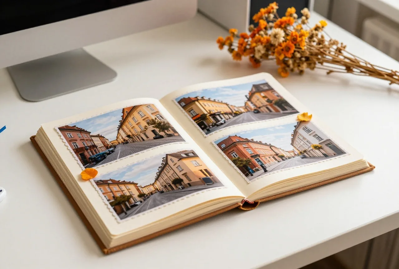 Ein aufgeschlagenes selbstgemachtes Album mit eingeklebten Fotos und getrockneten Blumen auf einem Schreibtisch im Büro