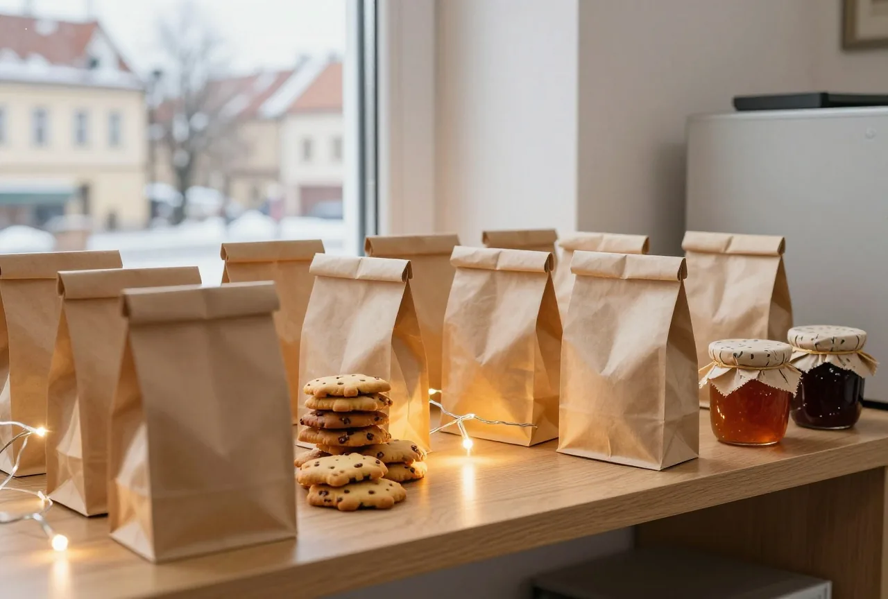 Kleine Papiertüten mit Plätzchen und Gläser mit Marmelade unter Stoffdeckeln auf einem Holzregal im Büro