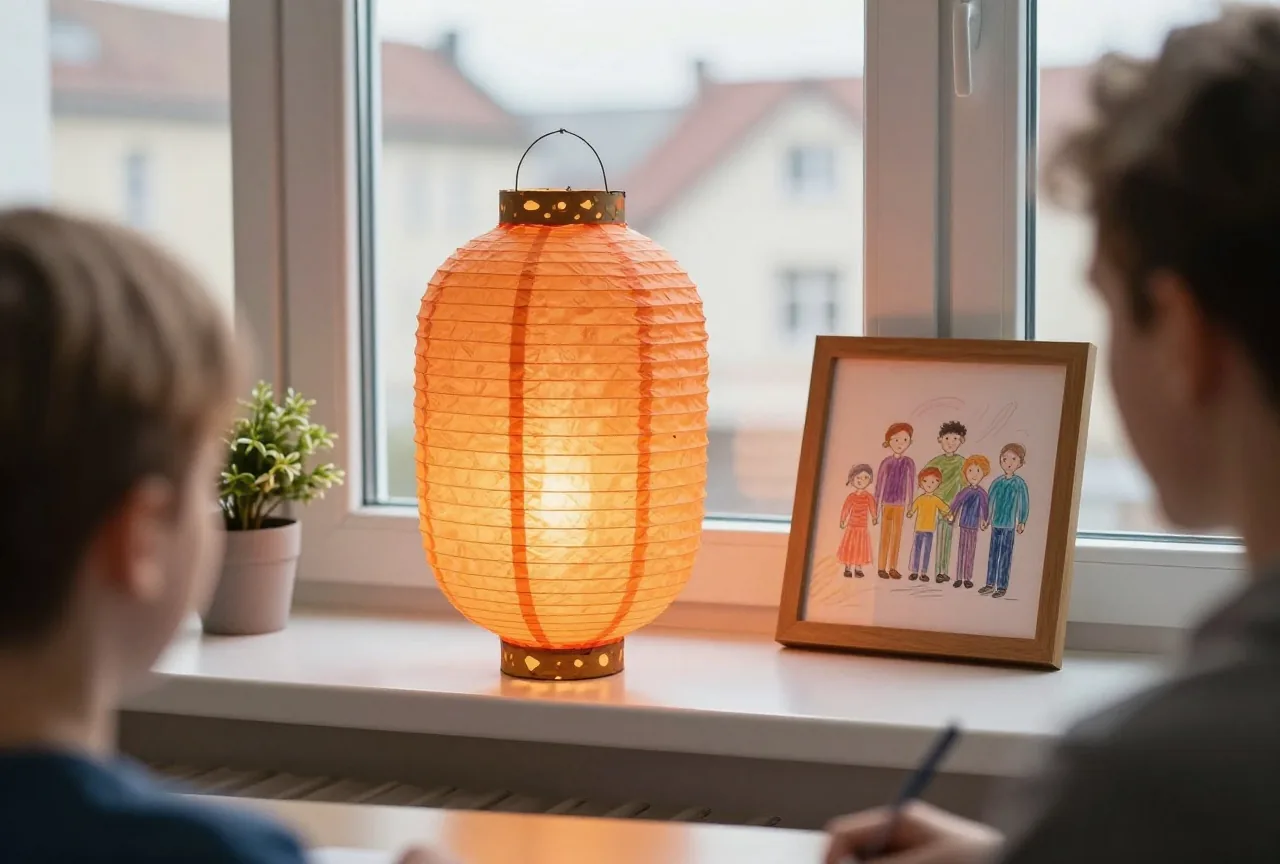 Ein selbst gebasteltes Windlicht aus Papier, ein gerahmtes Bild mit Wachsmalstiften und eine kleine Topfpflanze auf der Fensterbank